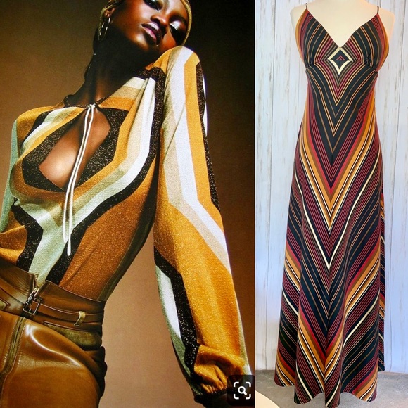Vintage Dresses & Skirts - VINTAGE Mod Chevron 60s Zigzag Boho Maxi Dress